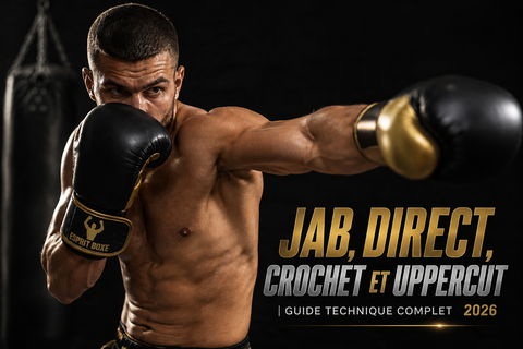 Boxeur torse nu lançant un direct du bras arrière, main avant en garde au menton, gants de boxe noir et or Esprit Boxe, sac de frappe suspendu en arrière-plan