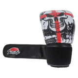 Gants de boxe crane mortel avec croix rouge sanglante avec bande velcro déroulée