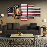 Tableau boxe (5 pièces), gants de boxe dorés sur fond de drapeau américain, affiché dans magnifique salon