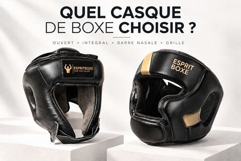 Casque de boxe ouvert et casque intégral à pommettes et mentonnière, noir et or, logo officiel Esprit Boxe : quel casque de boxe choisir