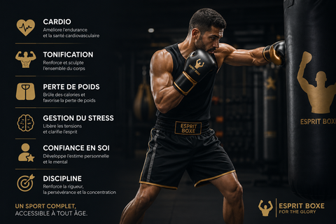 Les bienfaits de la boxe sur le corps et le mental — pratiquant apaisé, gants Esprit Boxe noir et or