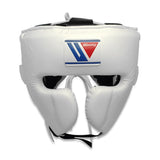 Casque de boxe Winning FG-2900 blanc, vue de face, protections pommettes et écusson Winning