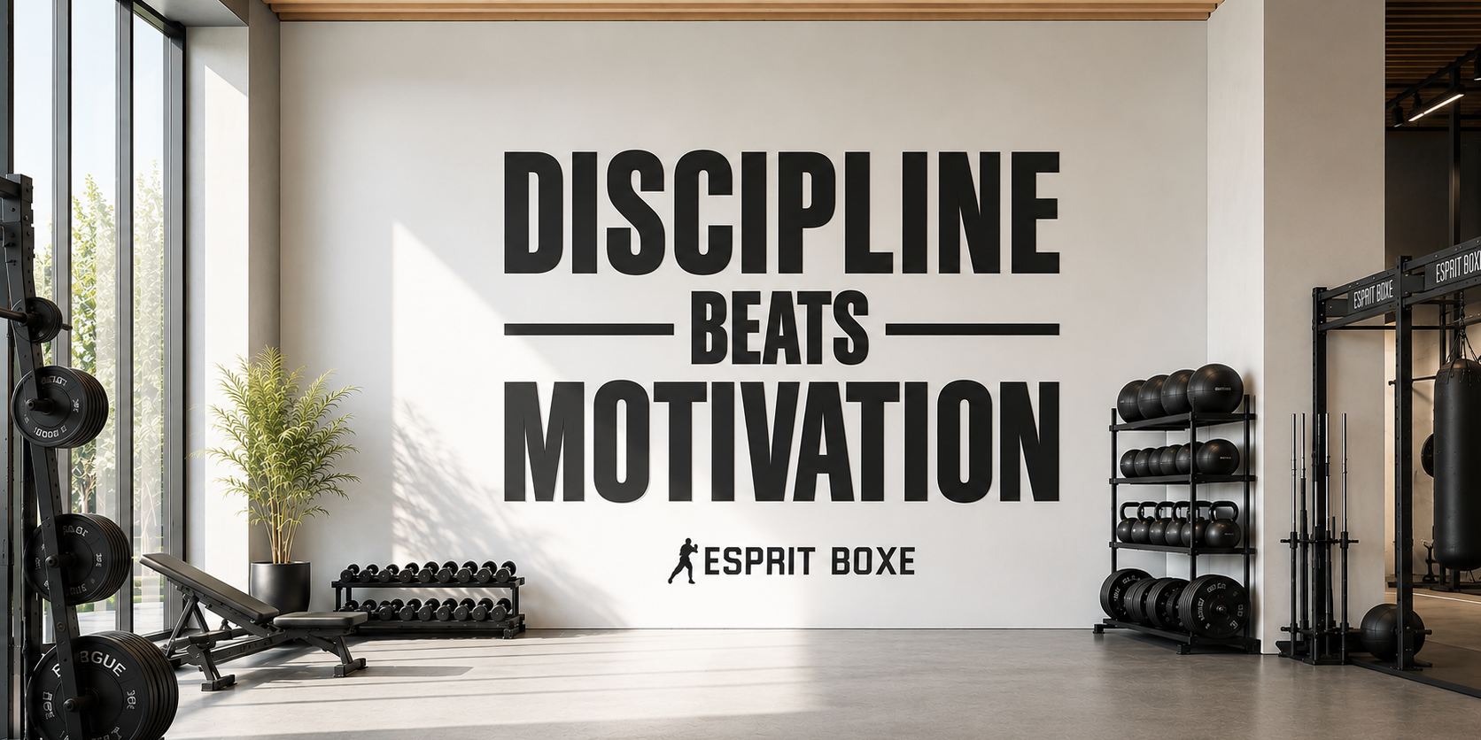 Collection stickers muraux boxe Esprit Boxe : sticker Discipline beats Motivation posé sur le mur d'une salle de sport
