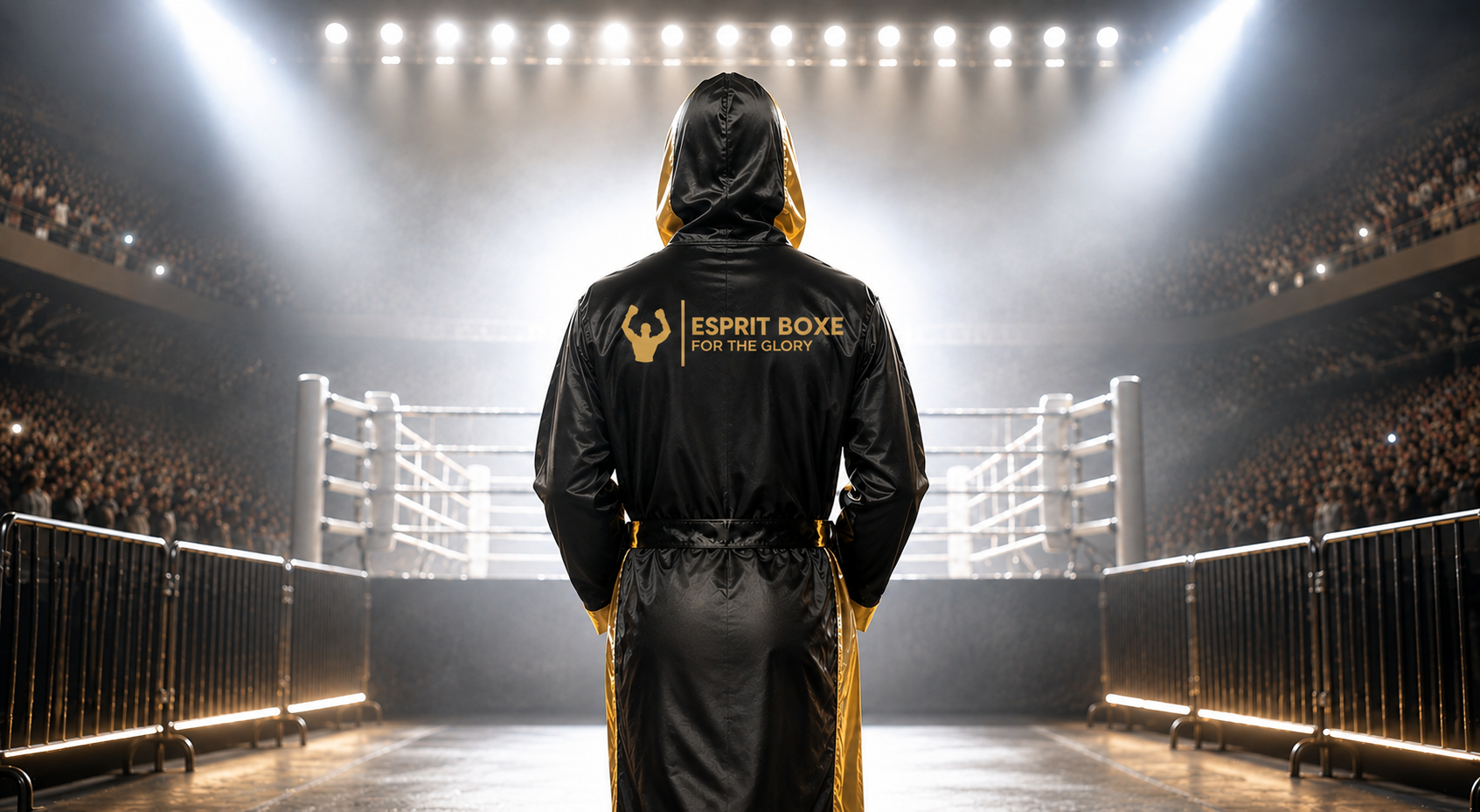 Collection peignoirs de boxe Esprit Boxe : boxeur de dos en peignoir satin noir à capuche et doublure dorée, logo doré For the Glory dans le dos, sur l'allée d'entrée menant au ring d'une salle pleine