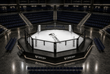 Cage MMA hybride en configuration combat avec grillage et plateaux TV
