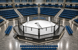 Cage MMA hybdride et ring de boxe au centre d'une arène