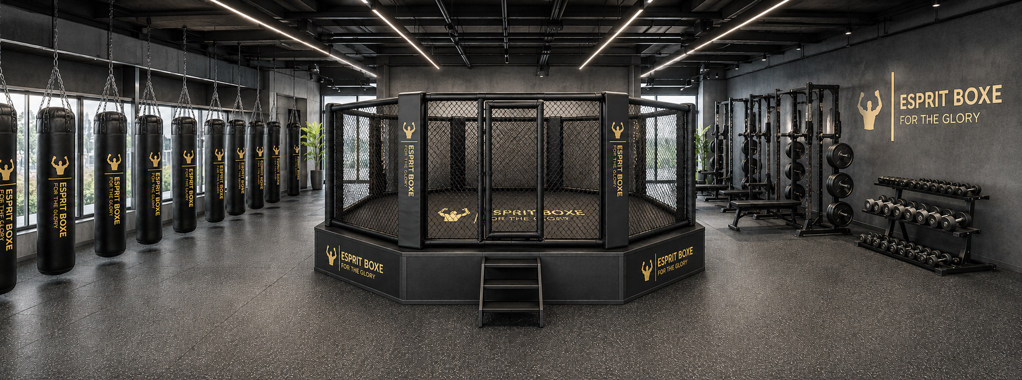 Salle de sport équipée d'une cage MMA octogonale Esprit Boxe