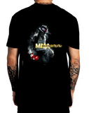 T-shirt noir MMA Michael Jackson avec logo or sur le cœur et graphisme Michael Jackson en costume avec gants de boxe rouge au dos.