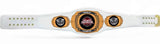 Ceinture de boxe personnalisée pour gala de MMA - Ultimate Fighting Girl - cuir de couleur blanc, plaques métalliques dorée, logos personnalisés