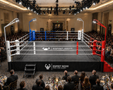 Ring de boxe de compétition avec éclairage par candélabres placé dans un auditorium prestigieux et élégant