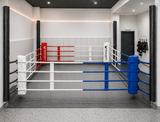 Ring de boxe coulissant. Les cordes coulissent le long de profilés métalliques fixés au mur