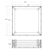 Plan coté du ring pliable : 5 × 5 m au sol, aire de combat 4 × 4 m, poteaux 1,40 m