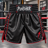 Short de boxe PUNISHER, en satin et paillettes, avec lacets sur les cotés
