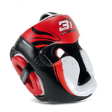 Casque de boxe rouge, joues enveloppantes et ouverture faciale large