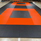 Tatami jjb et judo, calepinage avec tapis de couleur noir et orange