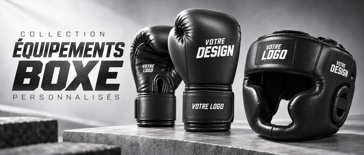 Bannière collection équipements de boxe personnalisés Esprit Boxe : gants et casque noirs portant les mentions Votre logo et Votre design