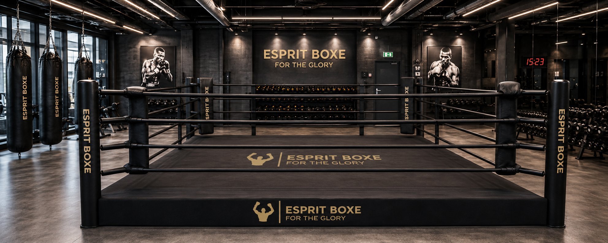 Ring de boxe Esprit Boxe dans une salle premium — bannière collection