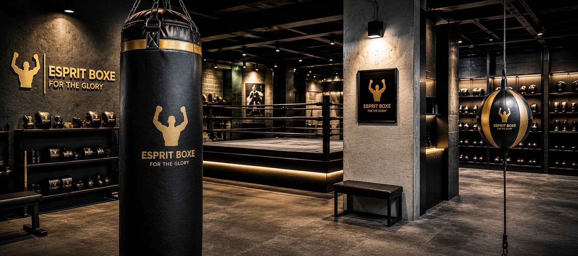 Showroom Esprit Boxe : sac de frappe suspendu, ring de boxe et speed ball