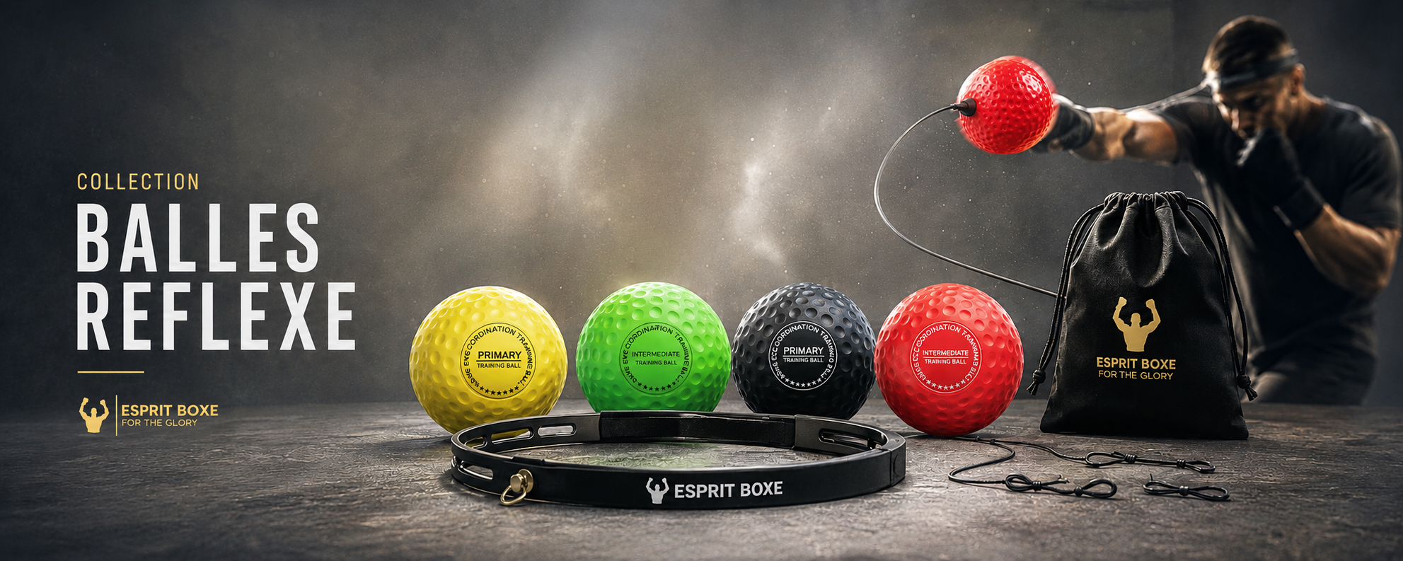 Balles réflexe boxe Esprit Boxe : modèles à bandeau frontal, balle en cuir suspendue et punching ball mural