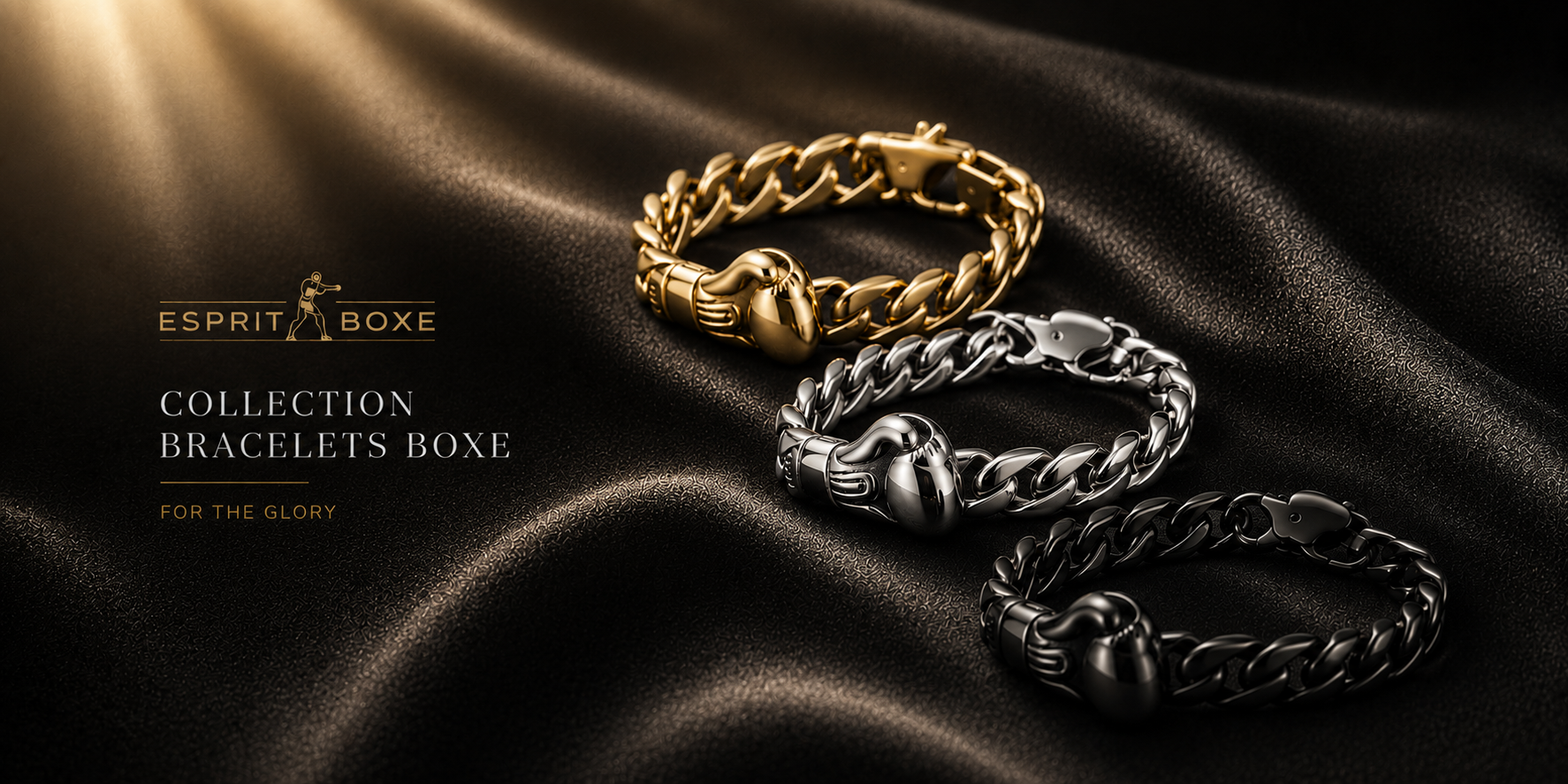 Bracelets, bagues et boucles d'oreilles boxe Esprit Boxe, bannière de la collection