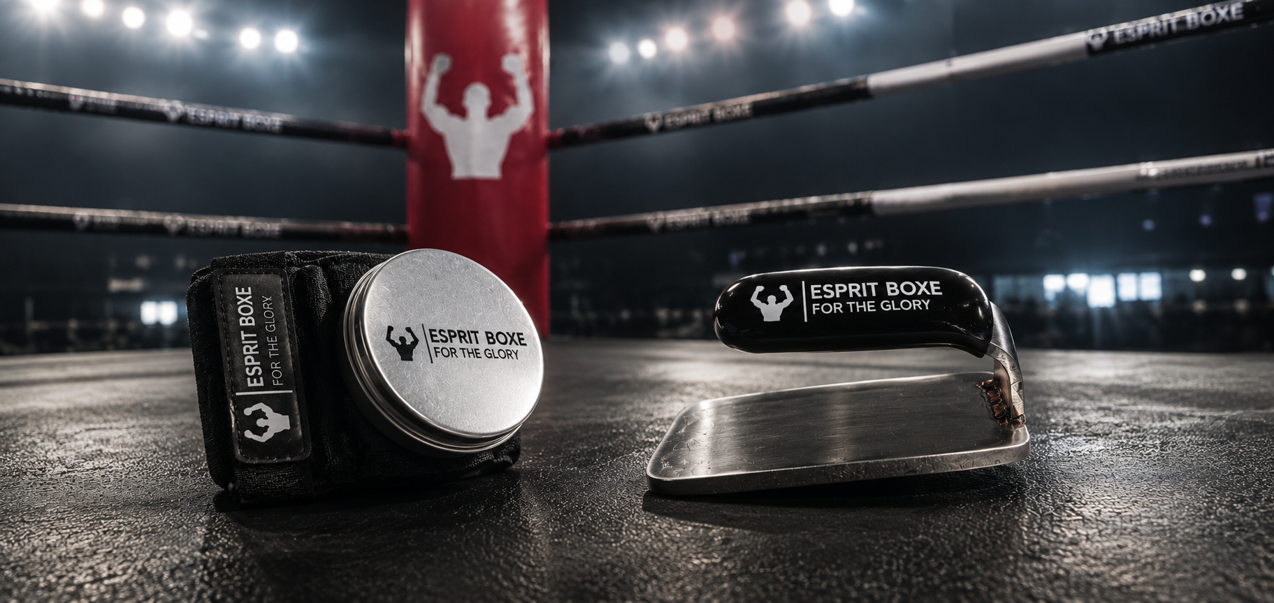 Collection matériel de cutman Esprit Boxe : bracelet noir à boîte à vaseline ronde en inox et fer médical en acier inoxydable à poignée noire, posés sur le tapis d'un ring aux cordes marquées Esprit Boxe