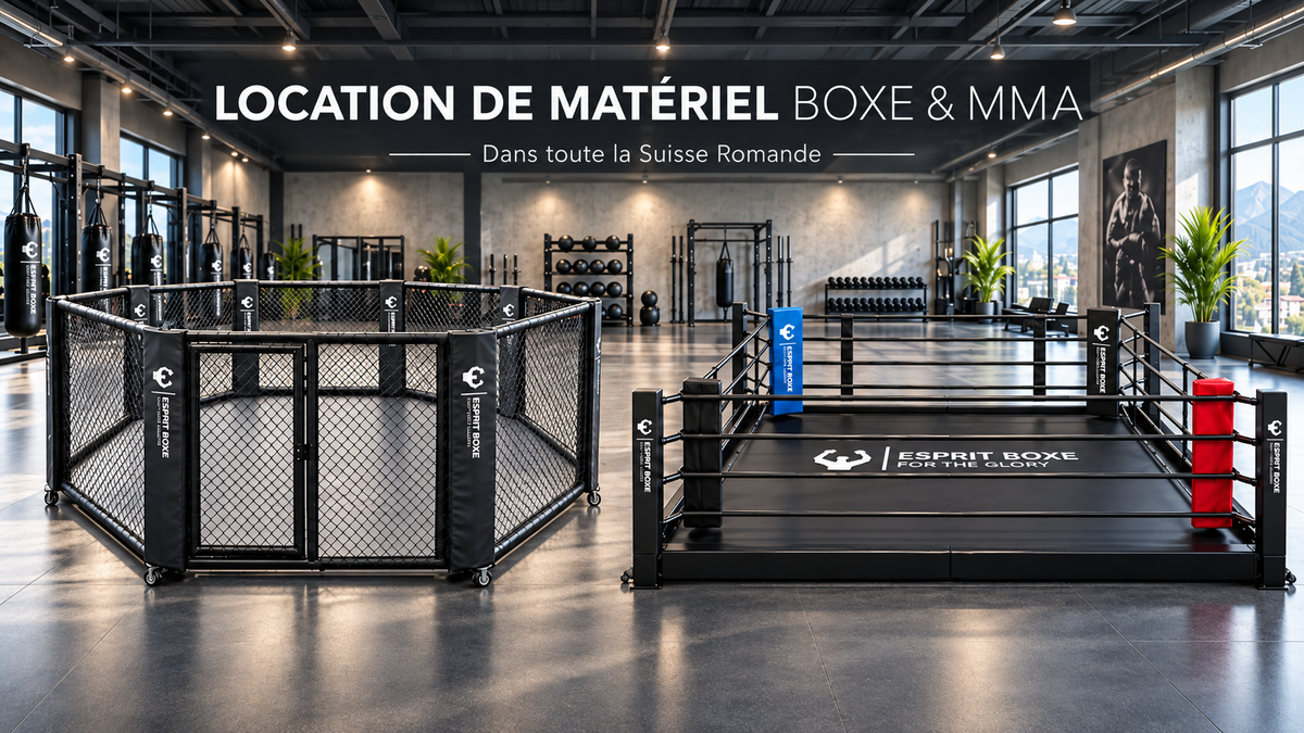 Location de matériel de boxe et de MMA en Suisse romande : cage octogonale pliable et ring pliable Esprit Boxe dans une salle