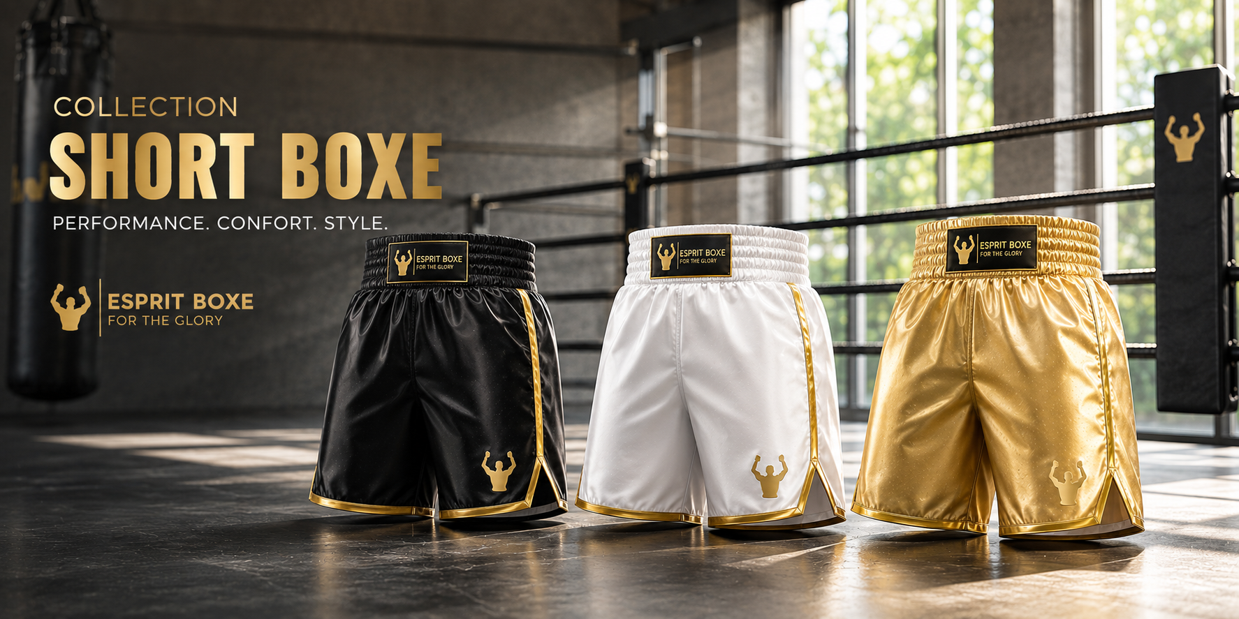Collection shorts de boxe Esprit Boxe : shorts de boxe anglaise, de muay-thaï et fight shorts MMA, du XS au 4XL