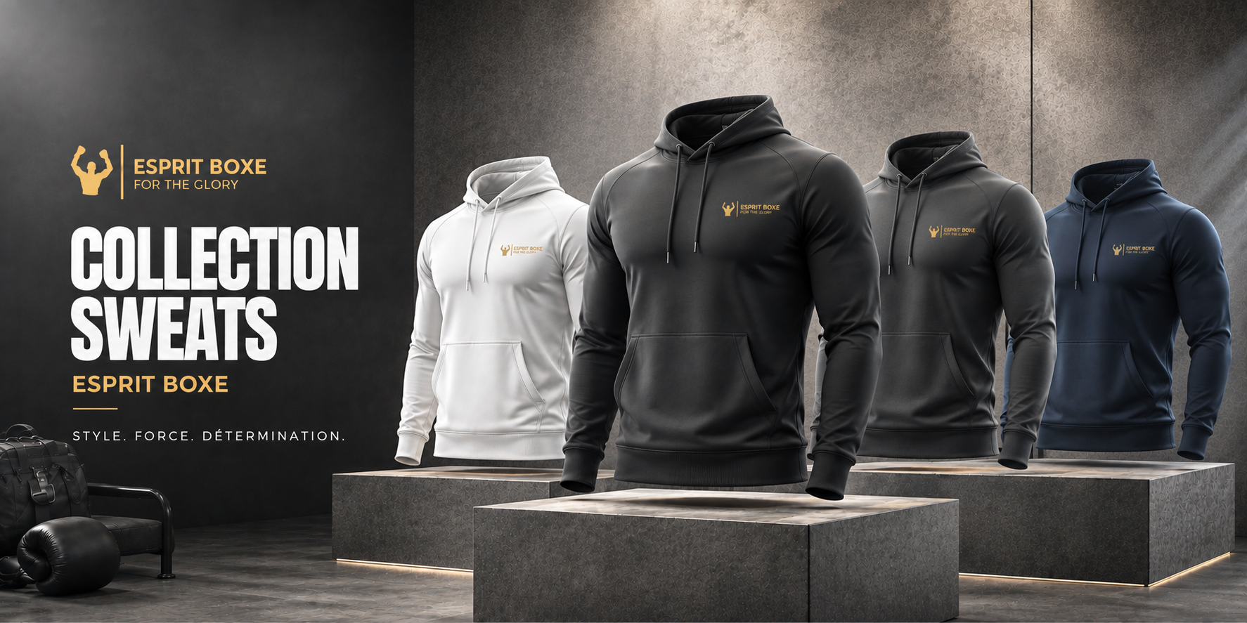 Collection sweats de boxe Esprit Boxe : sweats à capuche à logo doré dans une salle de boxe