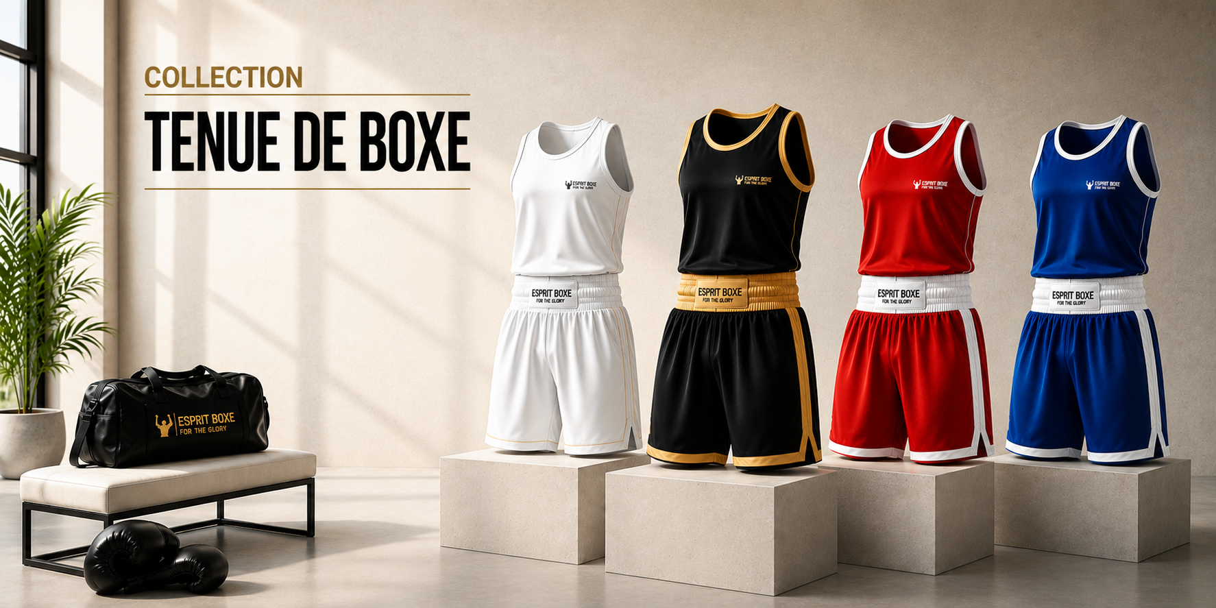 Collection tenues de boxe Esprit Boxe : quatre ensembles débardeur et short à ceinture large marquée For the Glory, en blanc, noir et or, rouge et blanc, bleu et blanc, présentés sur socles avec sac de sport et gants noirs
