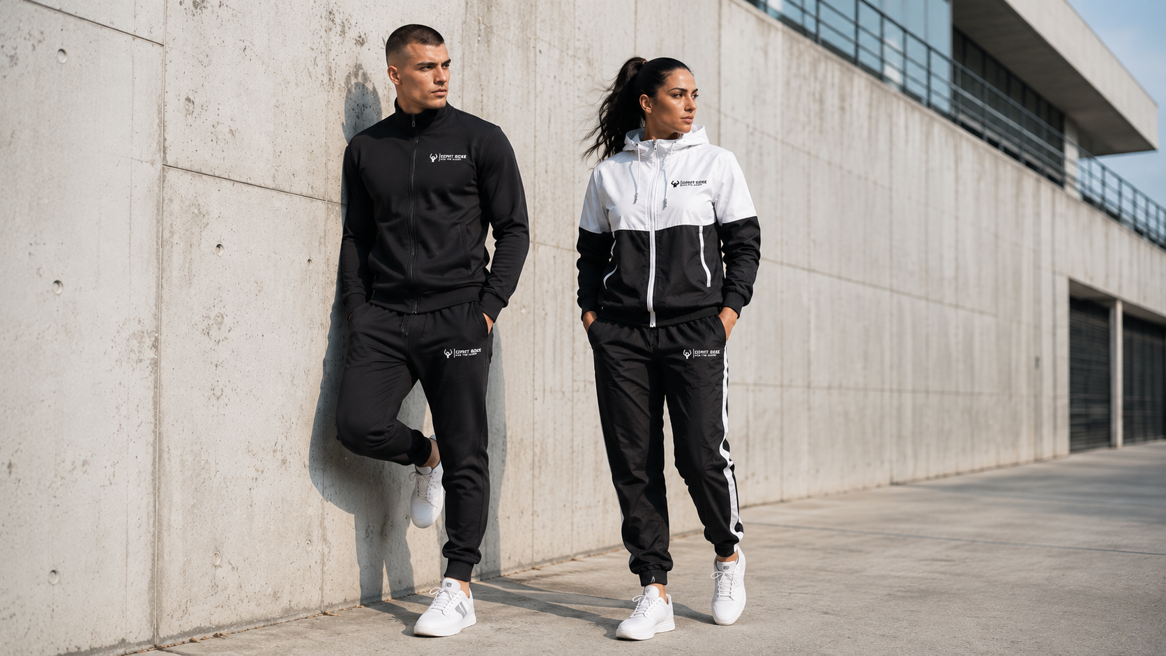 Collection survêtements de boxe Esprit Boxe : ensemble veste zippée col montant noire et jogging noir porté par un homme, ensemble veste à capuche blanche et noire et jogging noir à bande blanche porté par une femme, devant un mur en béton