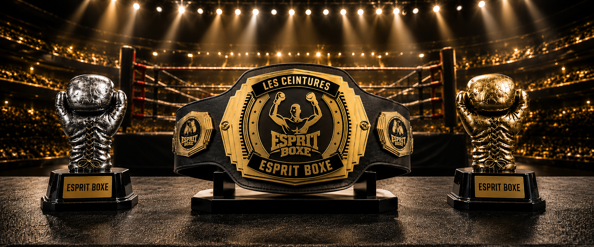 Ceinture de champion et trophees gants de boxe or et argent Esprit Boxe - banniere collection