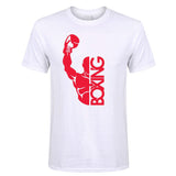 T-shirt boxe BOXING blanc, boxeur et lettrage vertical imprimés en rouge