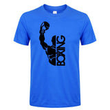 T-shirt boxe BOXING bleu roi, boxeur et lettrage vertical imprimés en noir