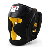 Casque de boxe noir en mesh 3D, vue trois quarts, doublure rembourrée jaune