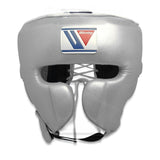 Casque de boxe Winning FG-2900 argent, vue de face, protections pommettes et écusson Winning