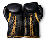 Gants de boxe compétition Esprit Boxe à lacets, cuir véritable monogrammé noir et or, Esprit Boxe For The Glory
