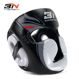 Casque de boxe noir et blanc, joues blanches enveloppantes et motif imprimé sur le dessus