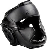 Casque de boxe intégral noir en cuir PU, joues et mâchoire enveloppées