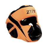 Casque de boxe intégral orange en cuir PU, joues et mâchoire enveloppées