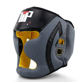 Casque de boxe gris en mesh 3D, vue trois quarts, doublure rembourrée jaune