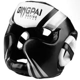Casque de boxe intégral noir et blanc en cuir PU, coques d'oreilles rembourrées