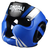 Casque de boxe intégral bleu en cuir PU, coques d'oreilles rembourrées