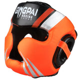 Casque de boxe intégral orange en cuir PU, coques d'oreilles rembourrées