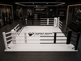 Ring de boxe au sol, avec poteaux fixés au sol, disposé au milieu d'une salle de boxe moderne