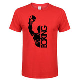 T-shirt boxe BOXING rouge, boxeur et lettrage vertical imprimés en noir