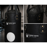 Sac de frappe avec cibles, détail sangles cuir et fixations mousqueton