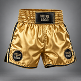 Short de boxe personnalisé en satin doré à bandes noires, emplacement logo sur la ceinture et sur les deux jambes