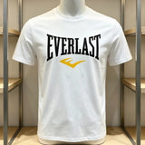 White Everlast t-shirt, front: black arched Everlast logo and yellow E centred on the chest