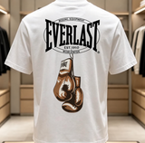 Back of the white Everlast t-shirt: oval Boxing Equipment Est. 1910 Worldwide logo and a hanging pair of vintage boxing gloves