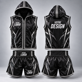 Tenue d'entrée de ring personnalisée : veste à capuche sans manches et short assorti, maquette noire satinée à éclats argentés avec emplacements de logo